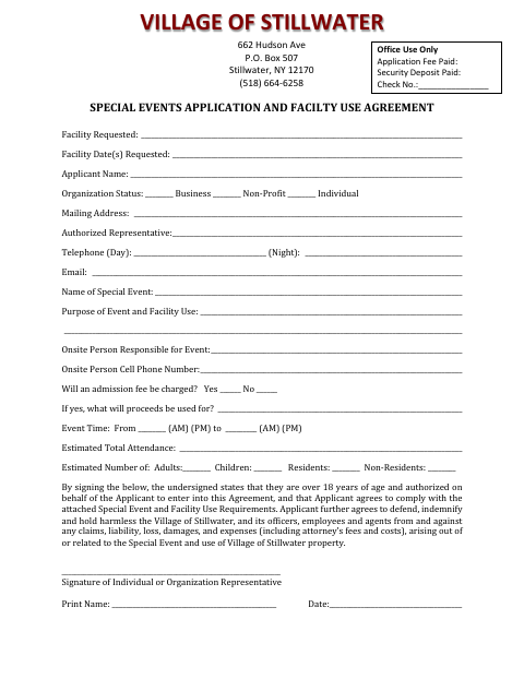 First page of the Special Events Application and Facility Use Agreement