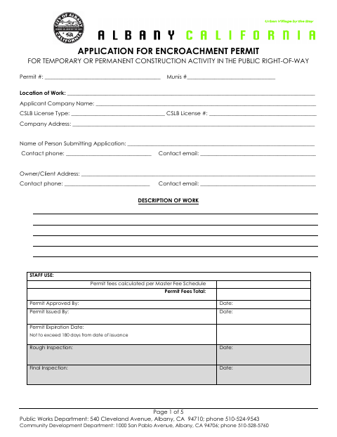 First page of the Application for Encroachment Permit