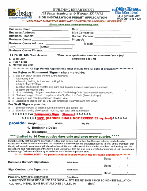 First page of the Sign Installation Permit Application
