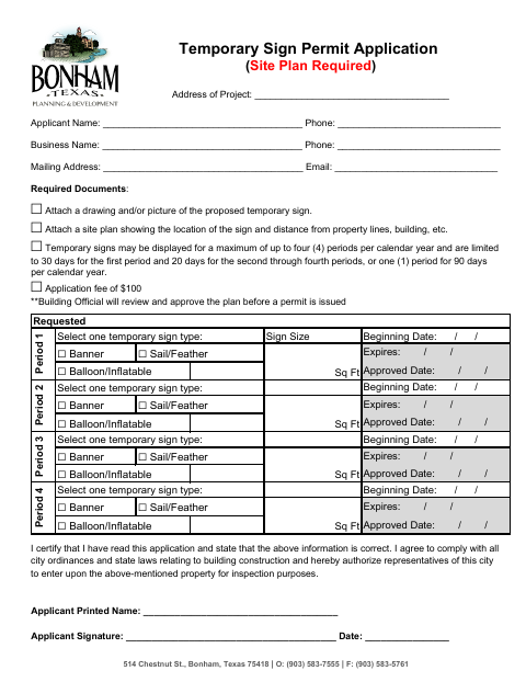First page of the Temporary Sign Permit Application (Site Plan Required)