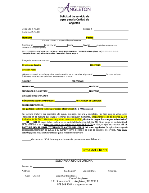 First page of the Water Service Application