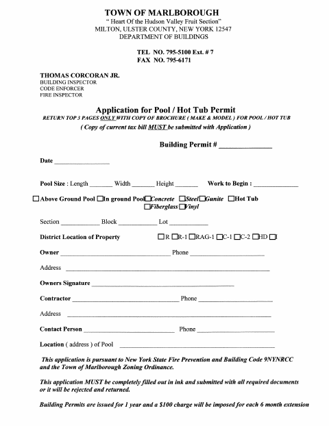 First page of the Pool and Hot Tub Permit Application
