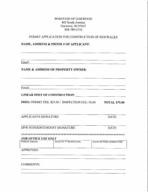 First page of the Construction of Sidewalk or Apron Application
