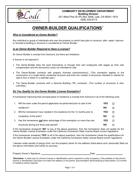 First page of the Owner-Builder Qualifications