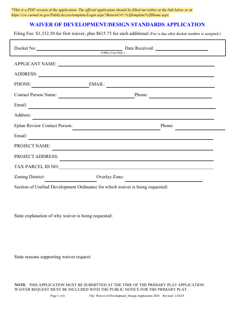 First page of the Waiver of Development Design Standards Application