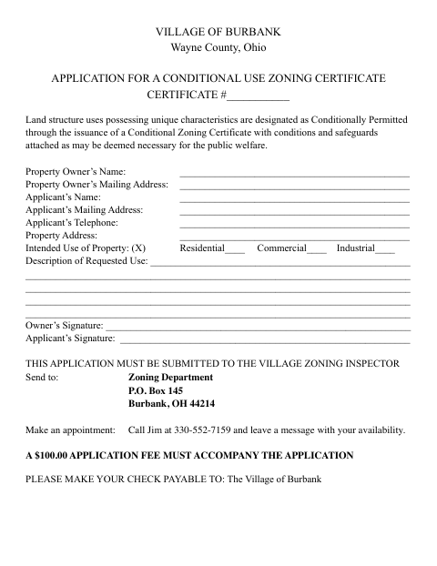 First page of the Application for a Conditional Use Zoning Certificate