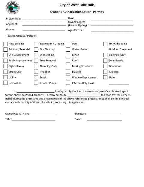 First page of the Owner's Authorization for Residential Permits (Except Demolition)