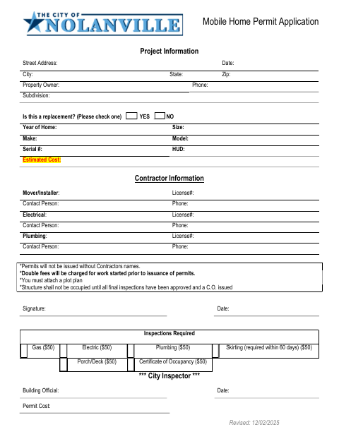 First page of the Mobile Home Permit Application
