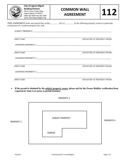 First page of the Common Wall Agreement