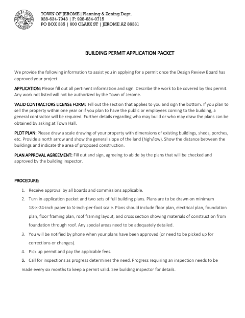 First page of the Building Permit Application Packet