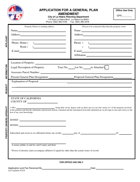 First page of the General Plan Amendment Application