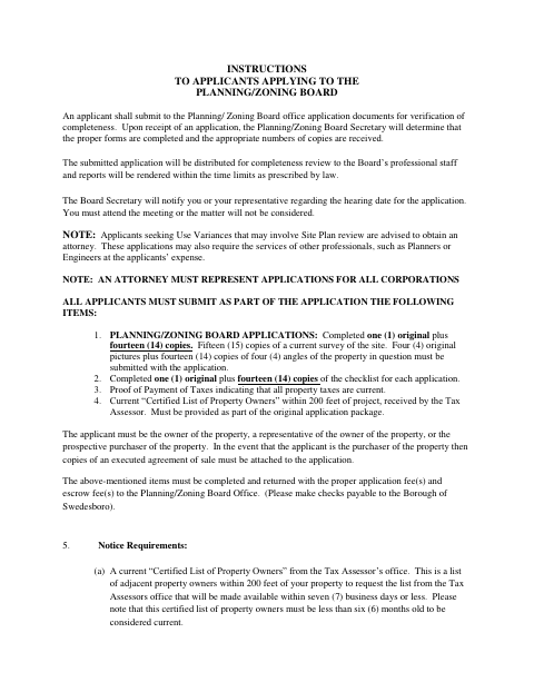 First page of the Planning/Zoning Board Application