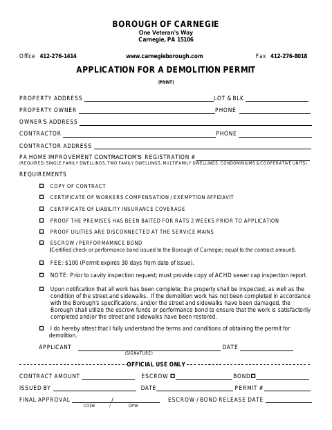 First page of the Demolition Permit Application