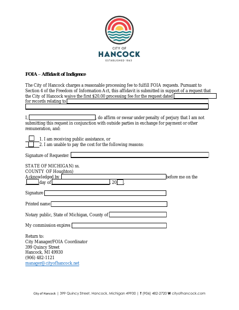 First page of the FOIA Affidavit of Indigence