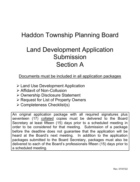 First page of the Planning Board Land Development Application Submission Section A