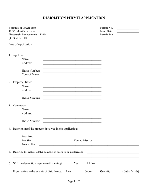 First page of the Demolition Permit Application