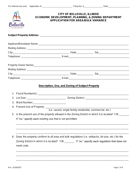 First page of the Area/Bulk Variance Application