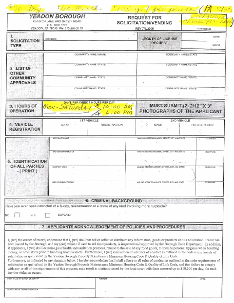 First page of the Solicitation/Vending Permit Form