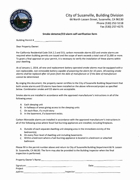 First page of the Smoke Detector/CO Alarm Self-Verification Form