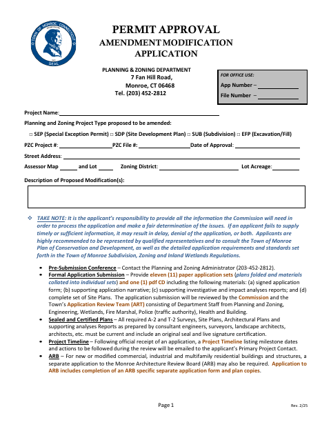First page of the Permit Approval Amendment Modification Application