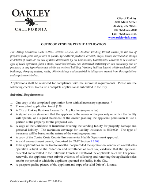 First page of the Outdoor Vending Permit Application