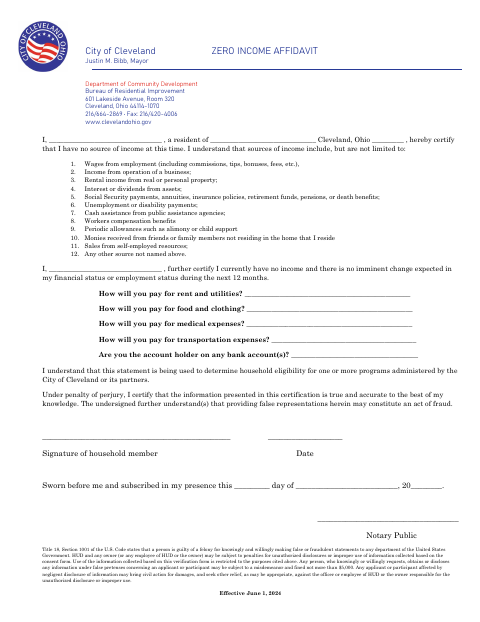 First page of the Zero Income Affidavit