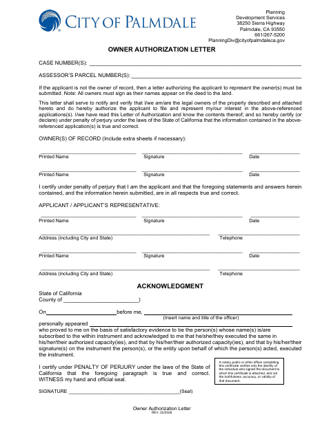 First page of the Property Owner Authorization Letter