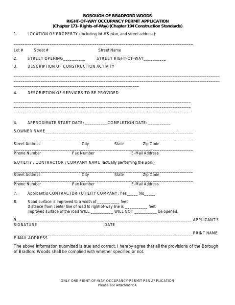 First page of the Right-of-Way Occupancy Permit Application