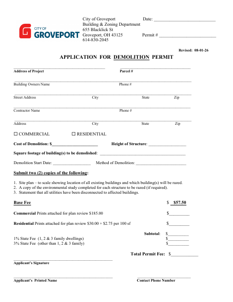 First page of the Application for Demolition Permit