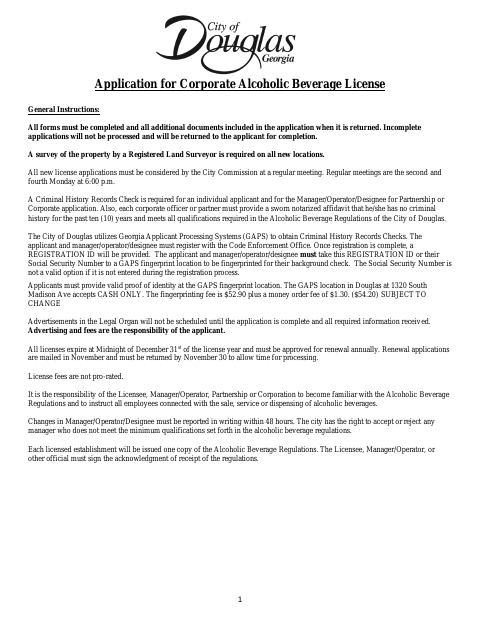 First page of the Corporate Alcoholic Beverage License Application
