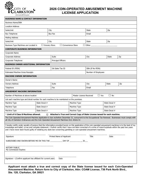 First page of the Coin-Operated Amusement Machine License Application