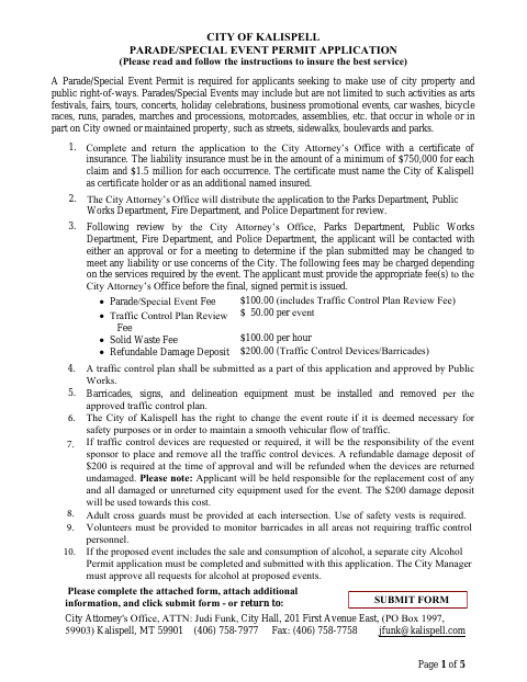 First page of the Parade/Special Event Permit Application