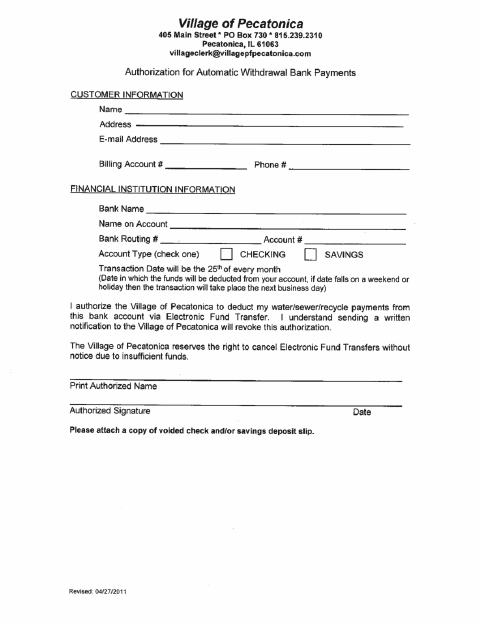 First page of the Authorization for Automatic Withdrawal