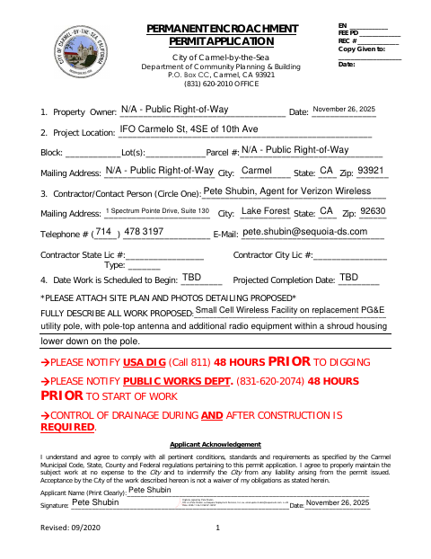 First page of the Permanent Encroachment Permit Application