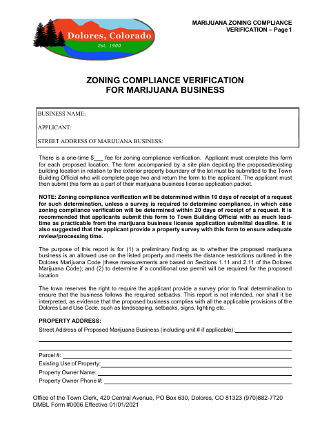 First page of the Marijuana Zoning Compliance Verification