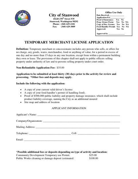 First page of the Temporary Merchant License Application