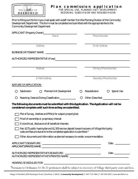First page of the Plan Commission Application and Indemnity Form
