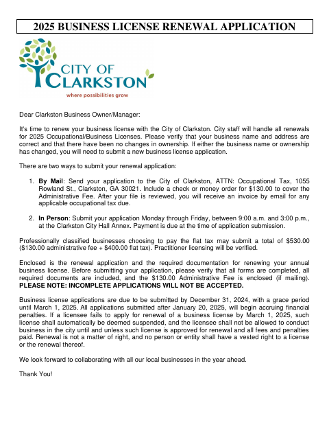 First page of the Business License Renewal Application