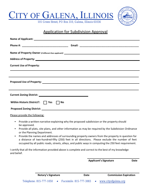 First page of the Application for Subdivision Approval