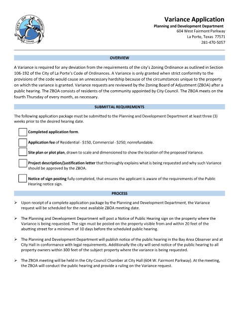 First page of the Variance Application
