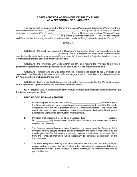 First page of the Agreement for Assignment of Surety Funds as a Performance Guarantee