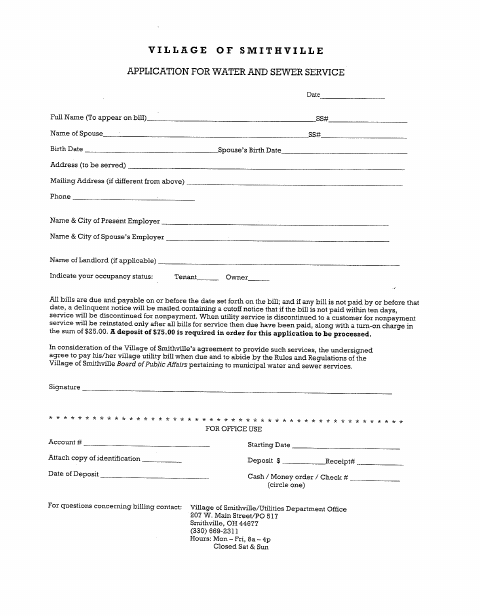 First page of the Water and Sewer Service Registration