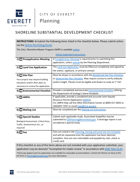 First page of the Shoreline Substantial Development Checklist