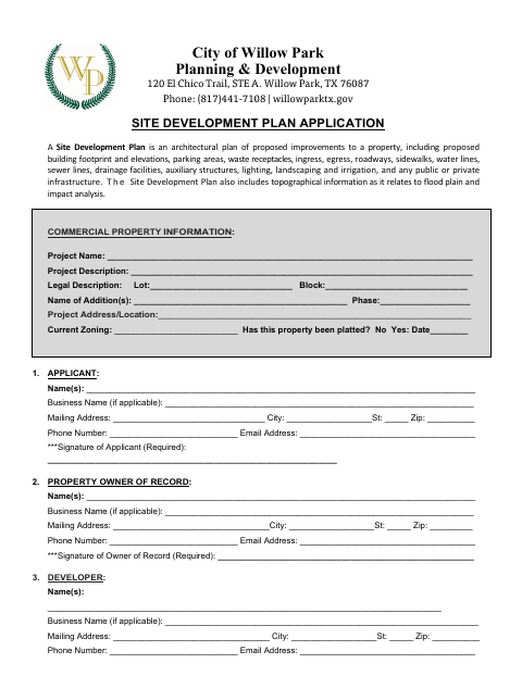 First page of the Site Development Plan Application