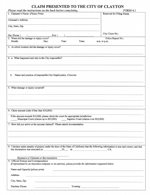 First page of the Claim Form
