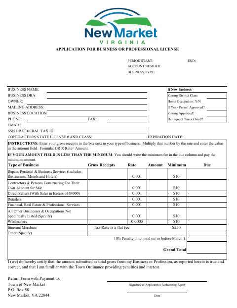 First page of the Application for Business or Professional License
