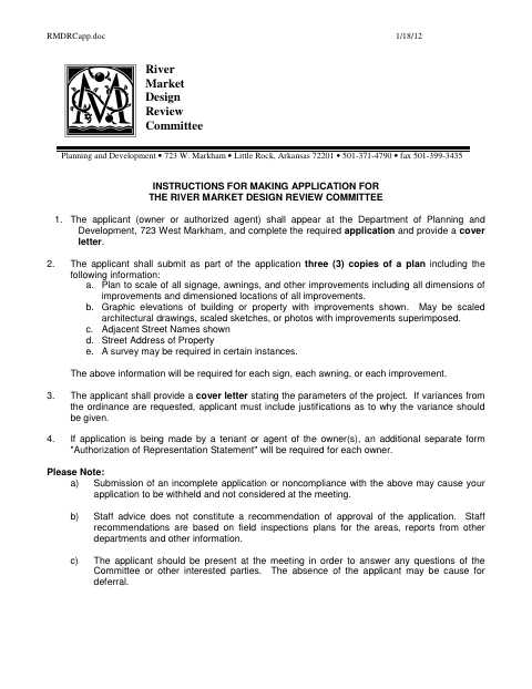 First page of the River Market Design Review Application
