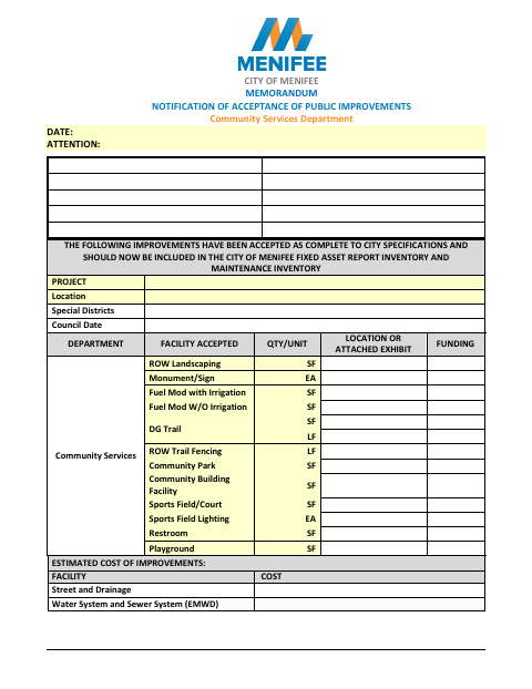 First page of the Notification of Acceptance of Public Improvements