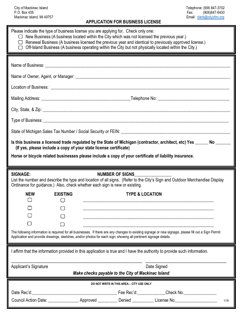 First page of the Application for Business License
