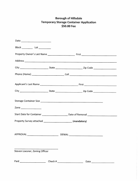 First page of the Temporary Storage Container Application